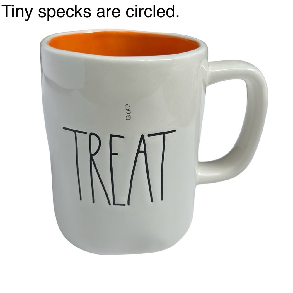 Rae Dunn Halloween Mug TRICK TREAT Double Side White Orange Interior New 2017 OG - Picture 8 of 16
